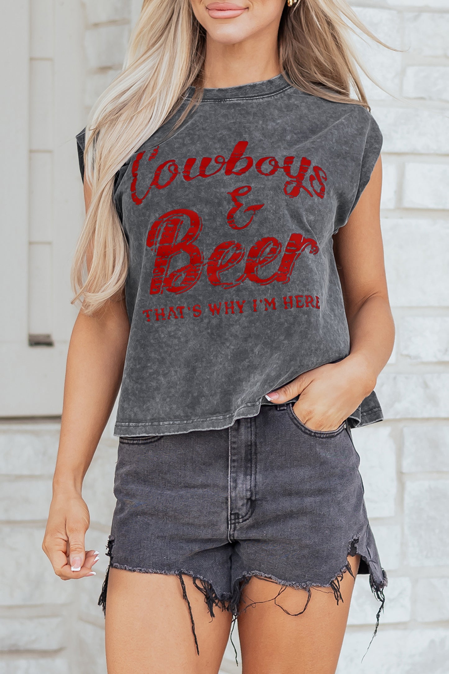 Smoke Gray COWGIRLS DONT CRY Western Graphic Mineral Wash Tank Top