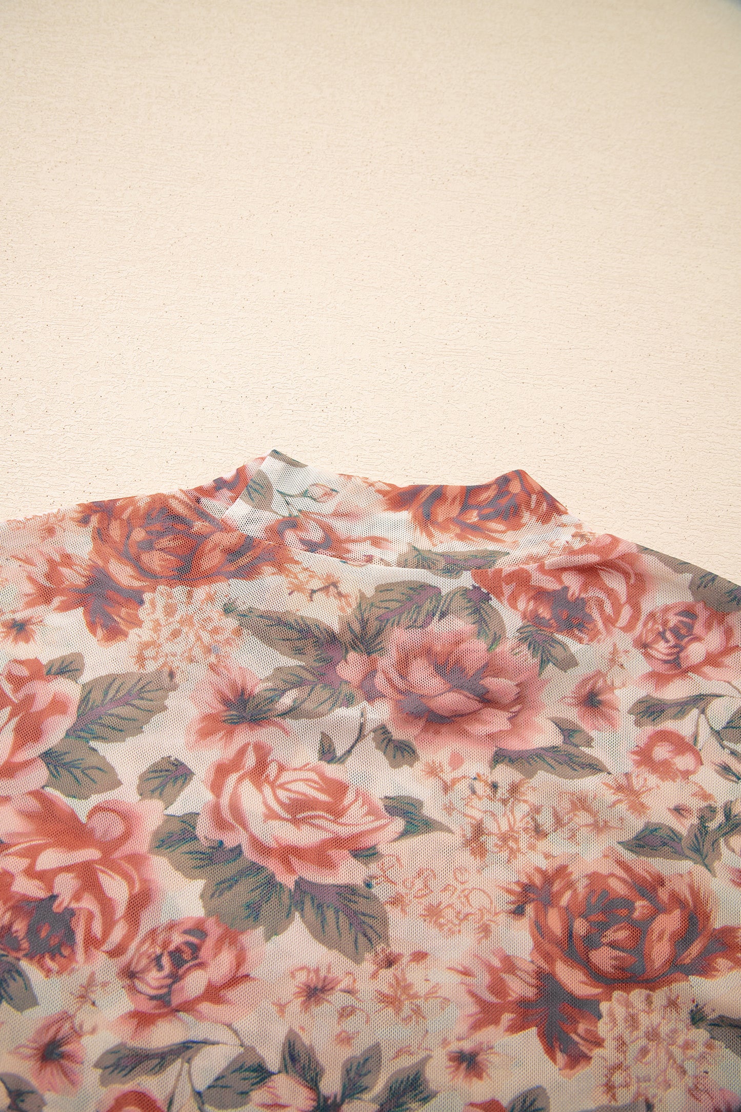 White Retro Floral Print Mock Neck Mesh Long Sleeve Top