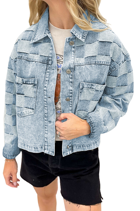 Beau Blue Denim Checkered Pattern Patchwork Womens Casual Jacket