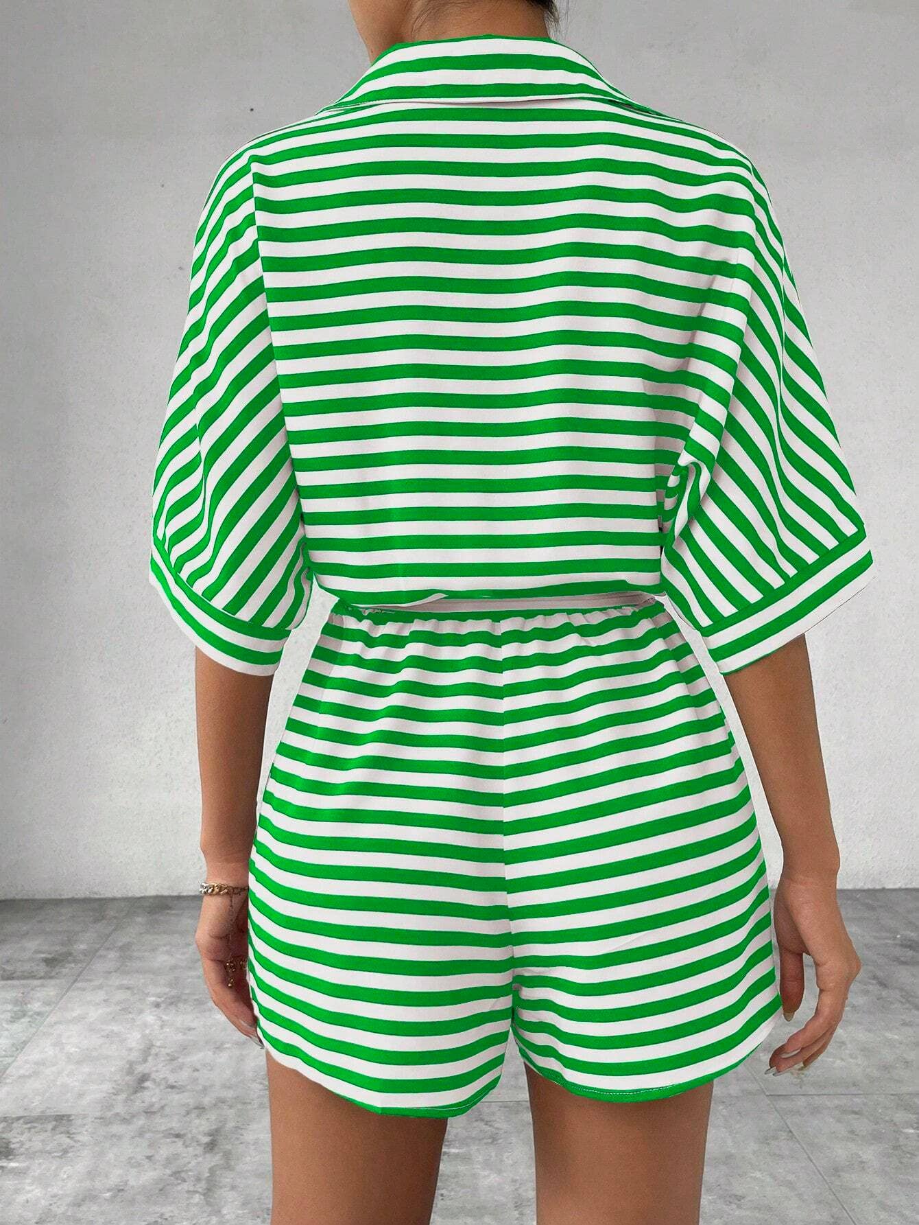 Striped Lapel Buttoned Mid-Sleeve Waistband Jumpsuit