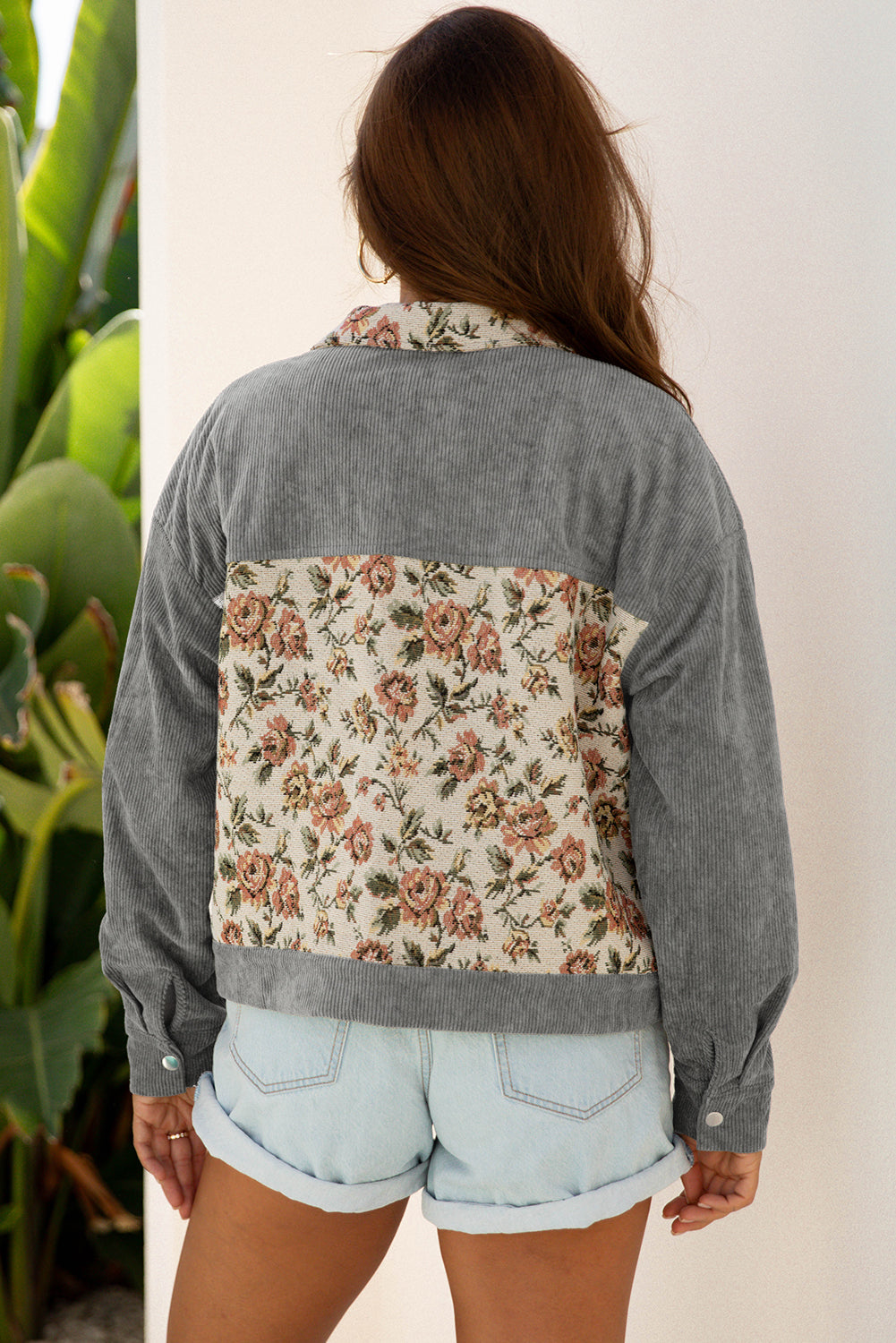 Sage Green Ribbed Retro Floral Patchwork Jacket
