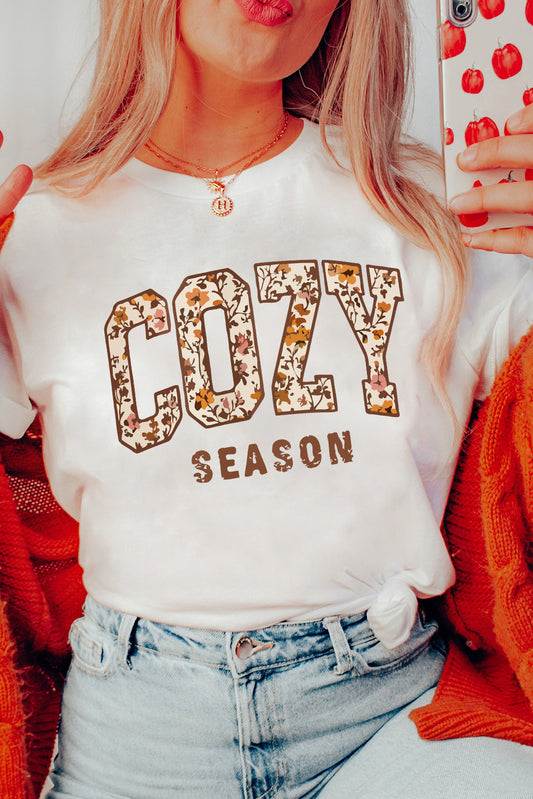 White COZY SEASON Floral Cracking Letter Heat Transfer Printing Graphic Tee