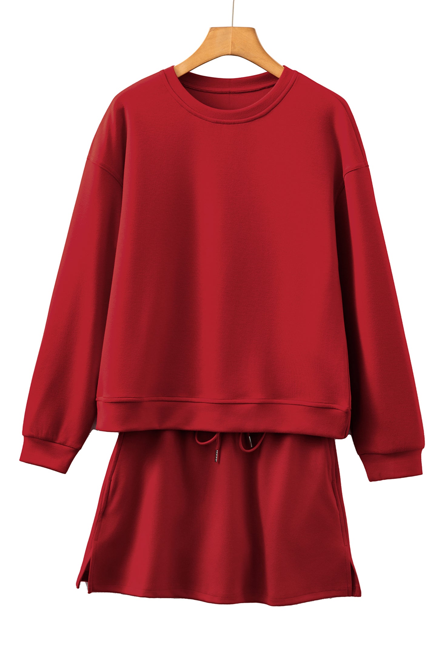 Jet Stream Solid Color Drop Shoulder Pullover Drawstring Mini Skirt Set