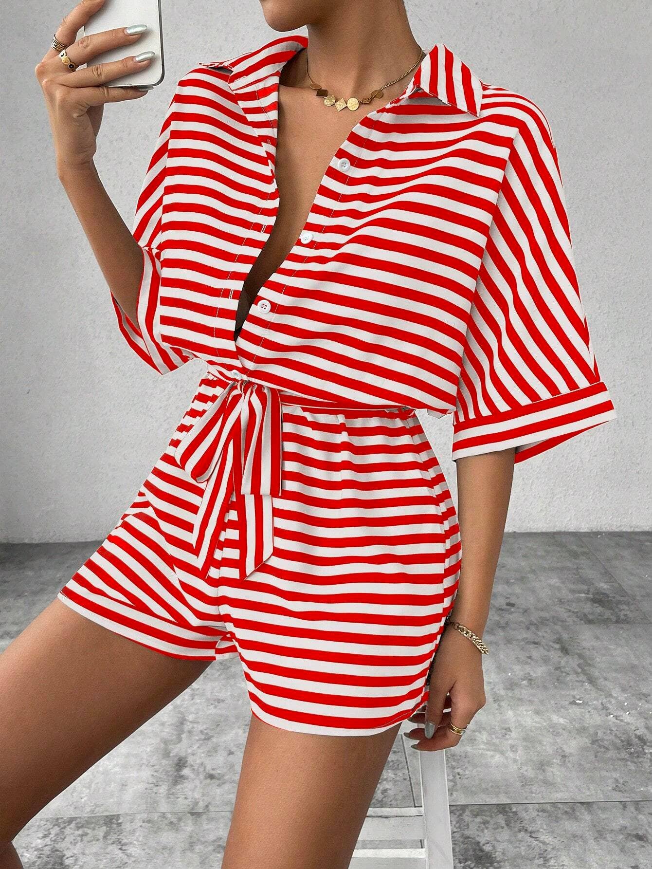 Striped Lapel Buttoned Mid-Sleeve Waistband Jumpsuit