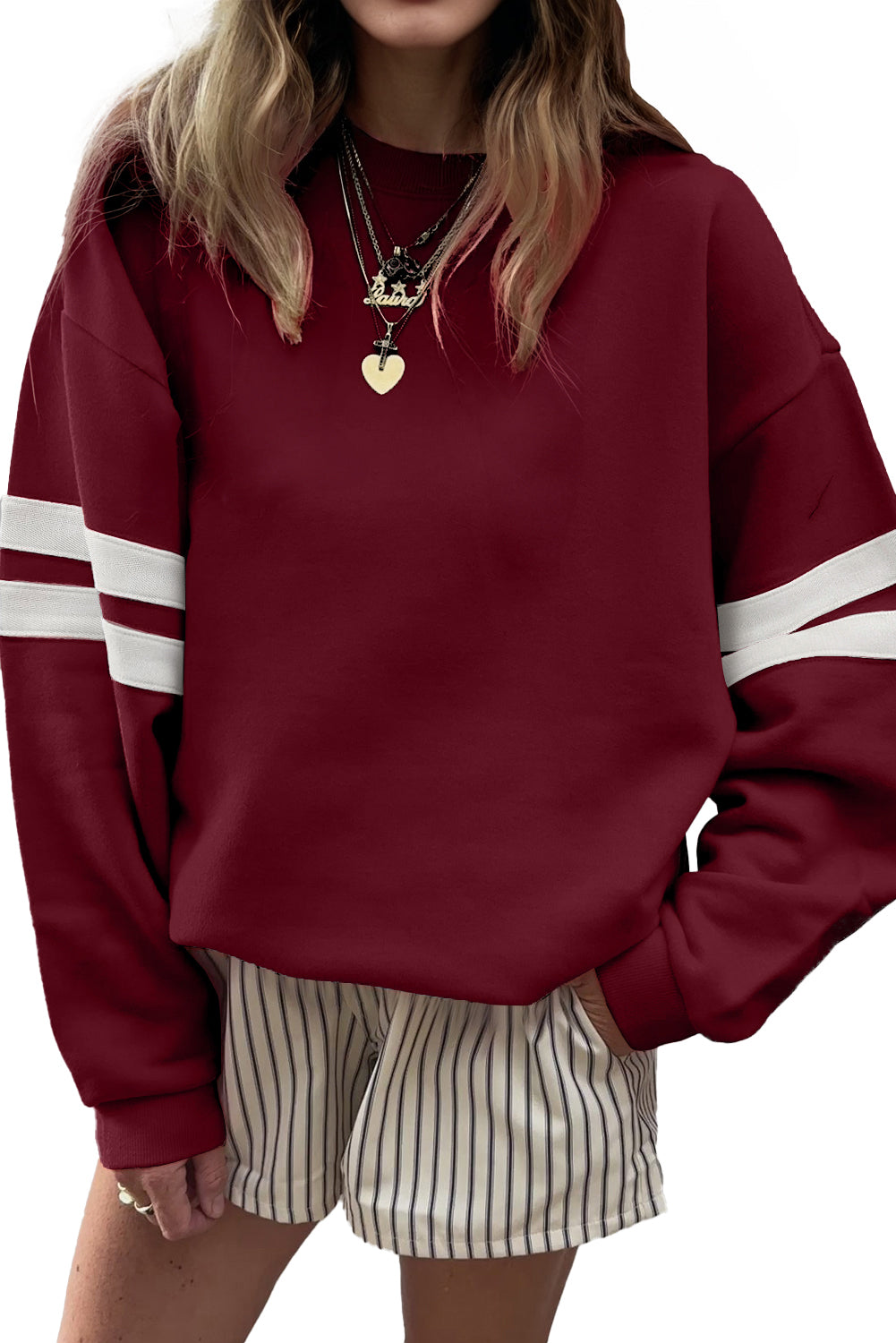 Evergreen Preppy Striped Sleeve Loose Sweatshirt