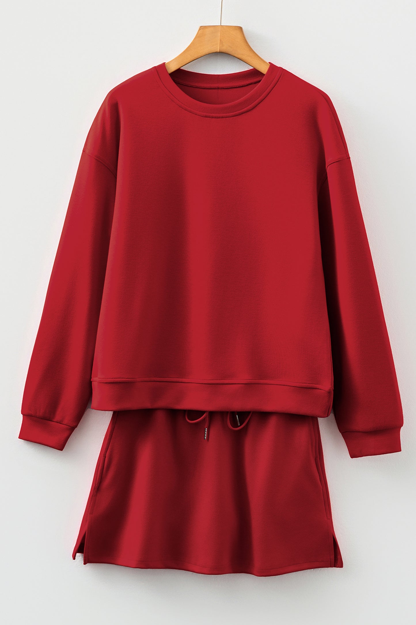 Jet Stream Solid Color Drop Shoulder Pullover Drawstring Mini Skirt Set