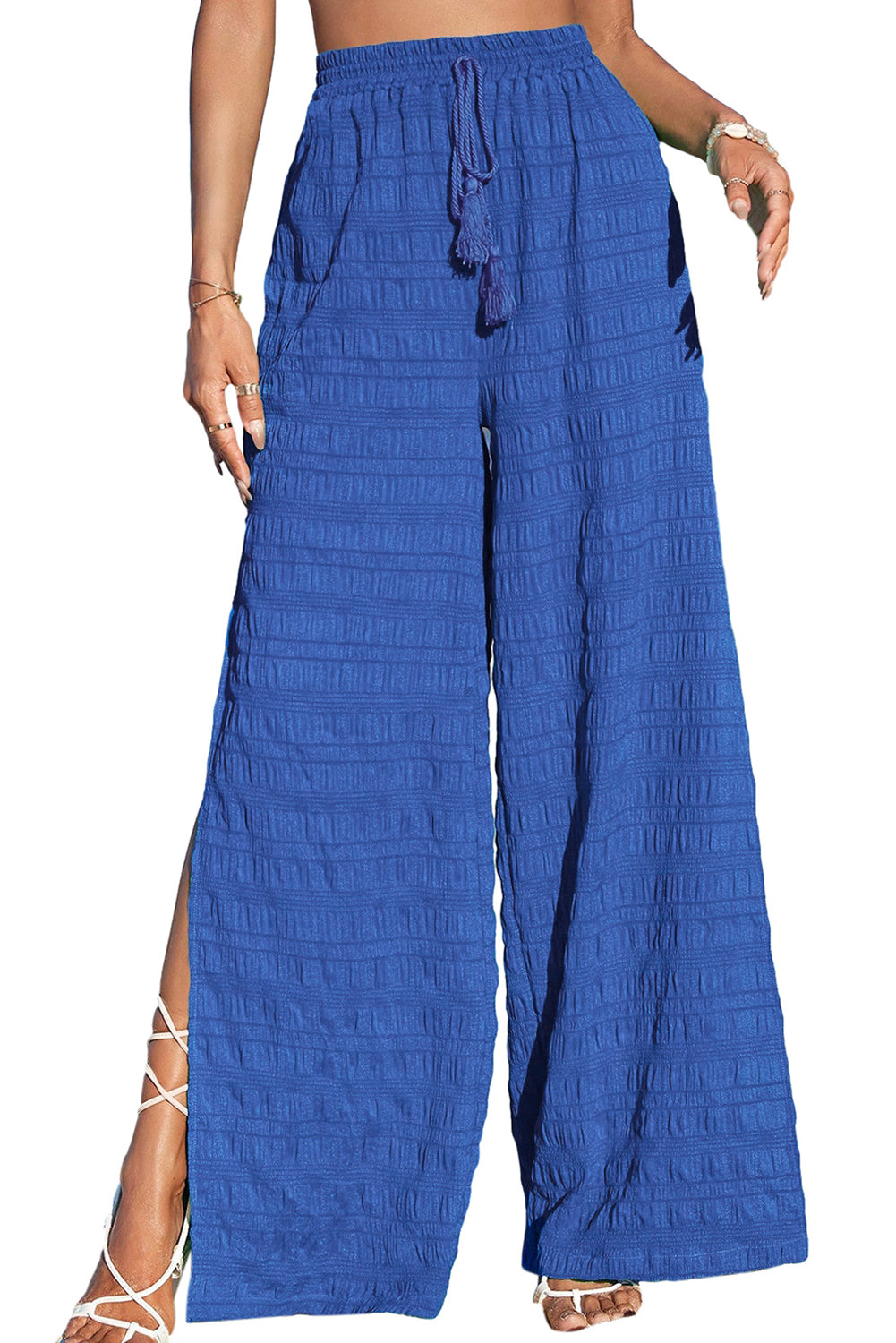 Dark Blue Textured Split Wide Leg Solid Pants