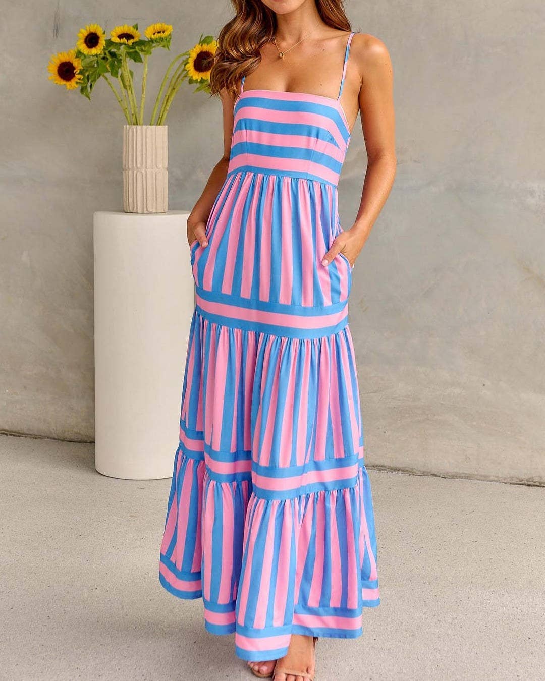 Horizontal And Vertical Stripe Print Slip Backless Dress