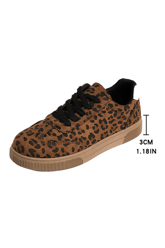 Coffee Leopard Print Contrast Heel Tab Patchwork Laceup Shoes