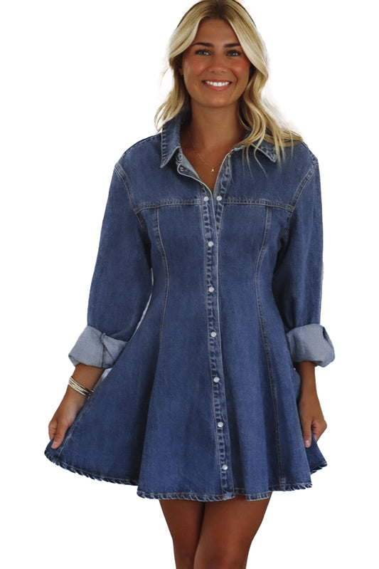Ashleigh Blue Denim Shirt Collar Long Sleeve Flared Mini Dress