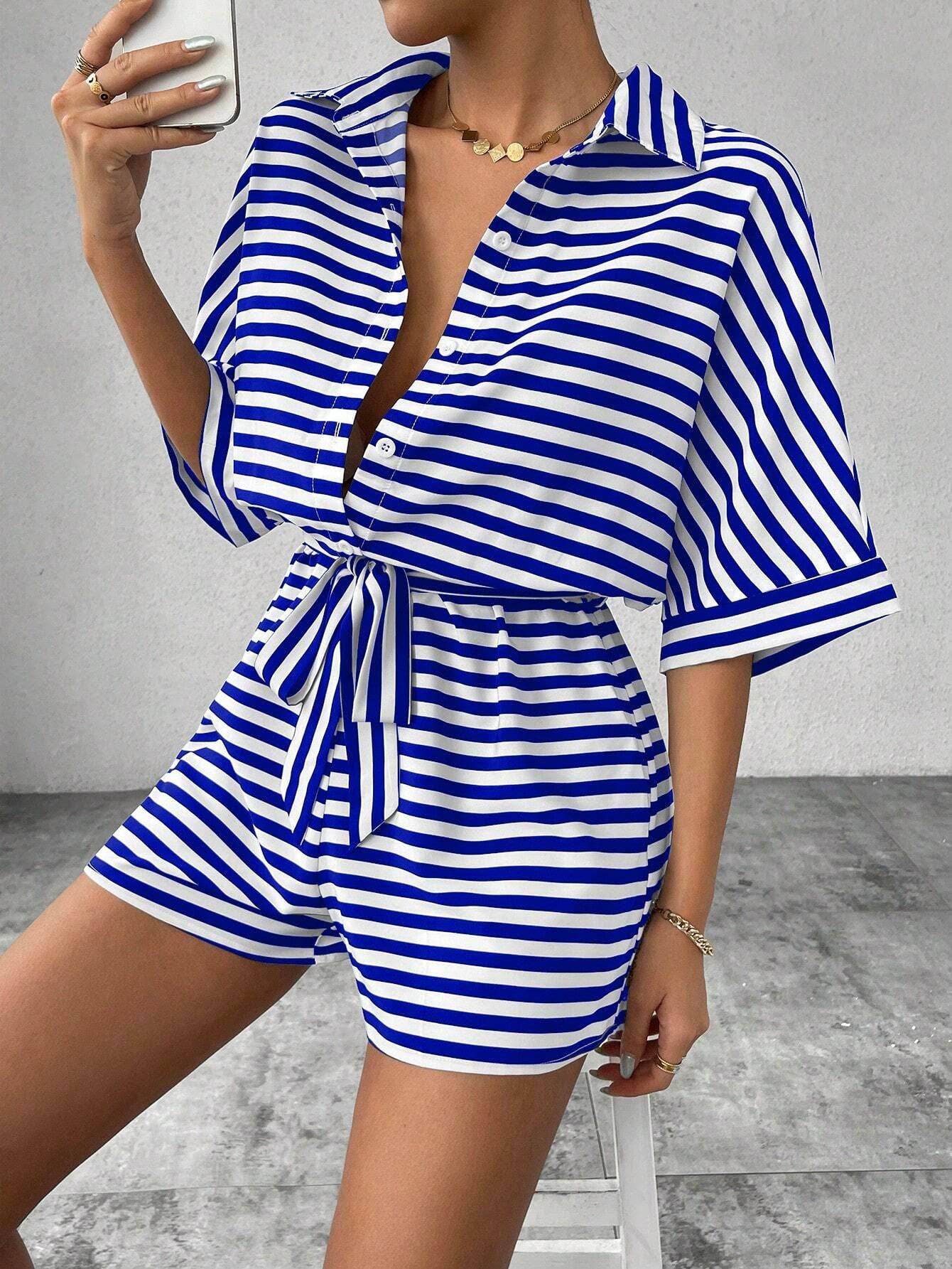 Striped Lapel Buttoned Mid-Sleeve Waistband Jumpsuit
