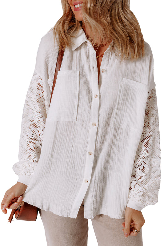White Cotton Gauze Lace Patchwork Long Sleeve Shirt