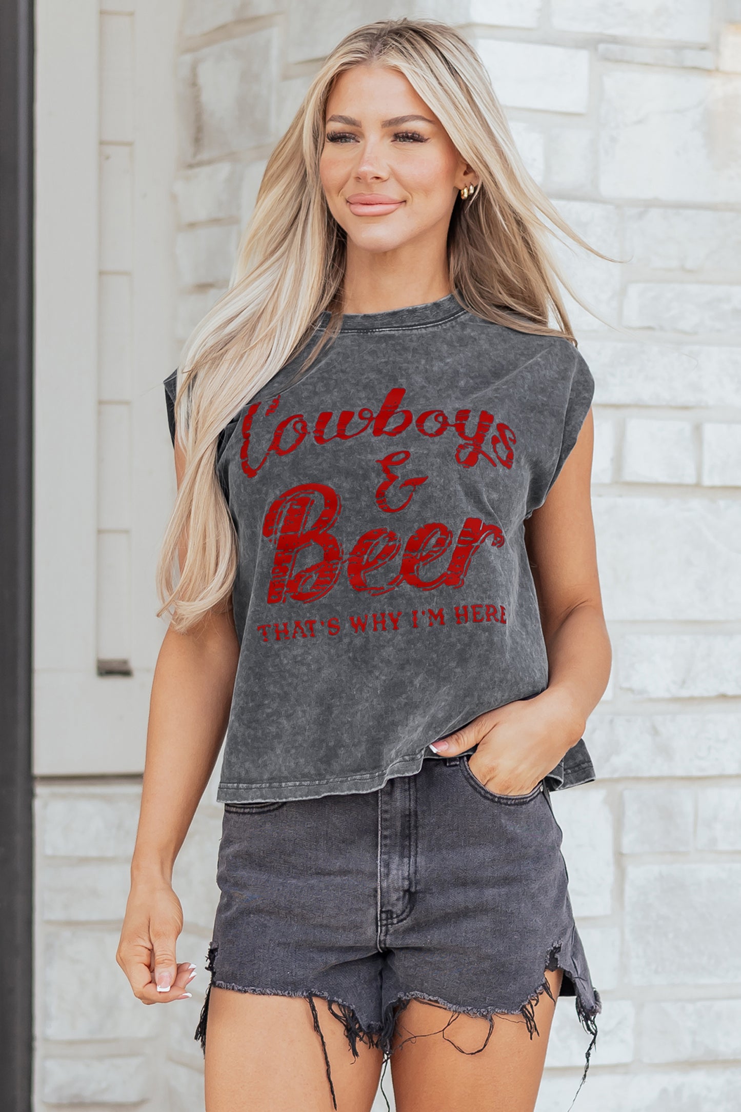 Smoke Gray COWGIRLS DONT CRY Western Graphic Mineral Wash Tank Top