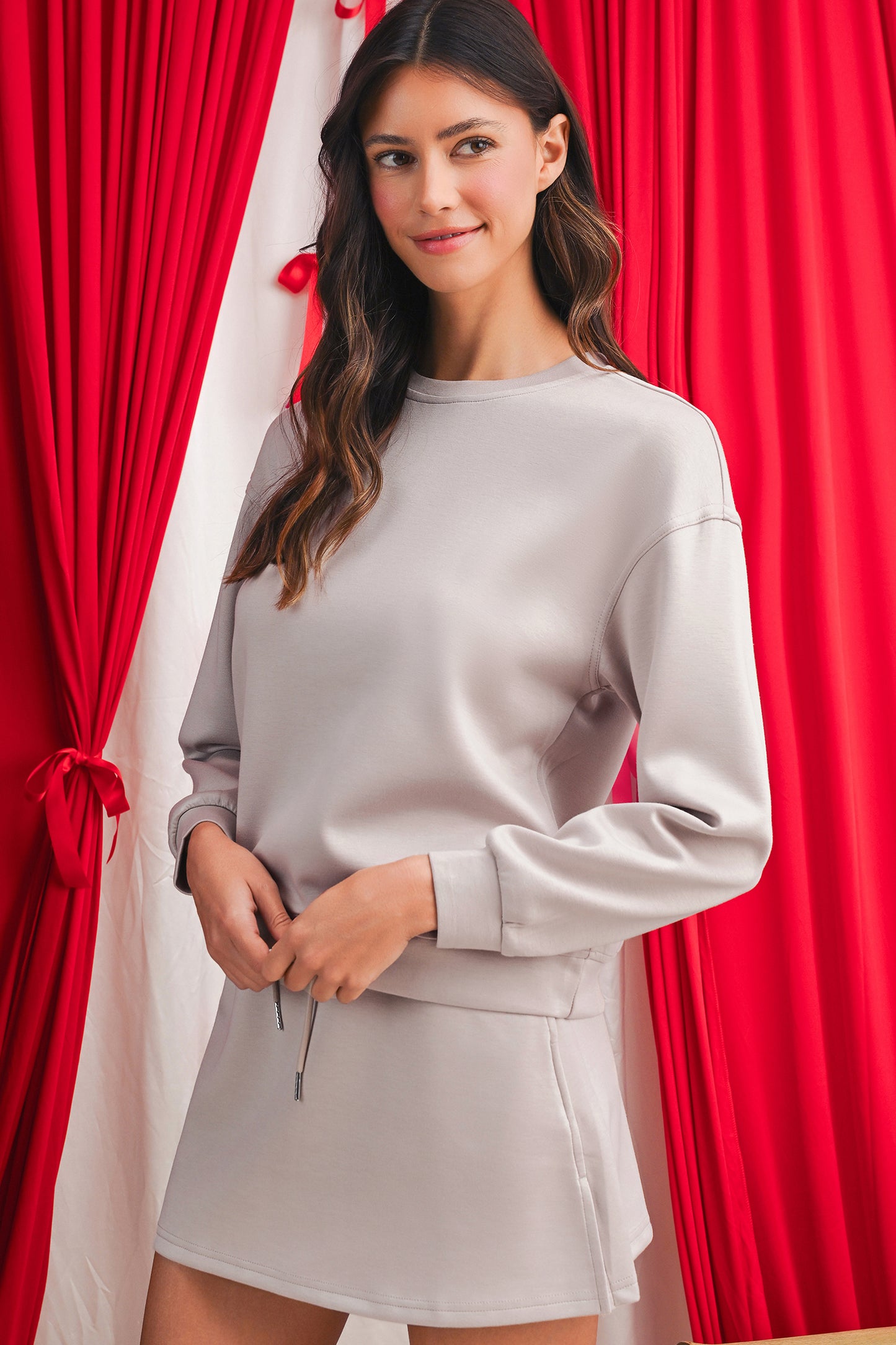 Jet Stream Solid Color Drop Shoulder Pullover Drawstring Mini Skirt Set