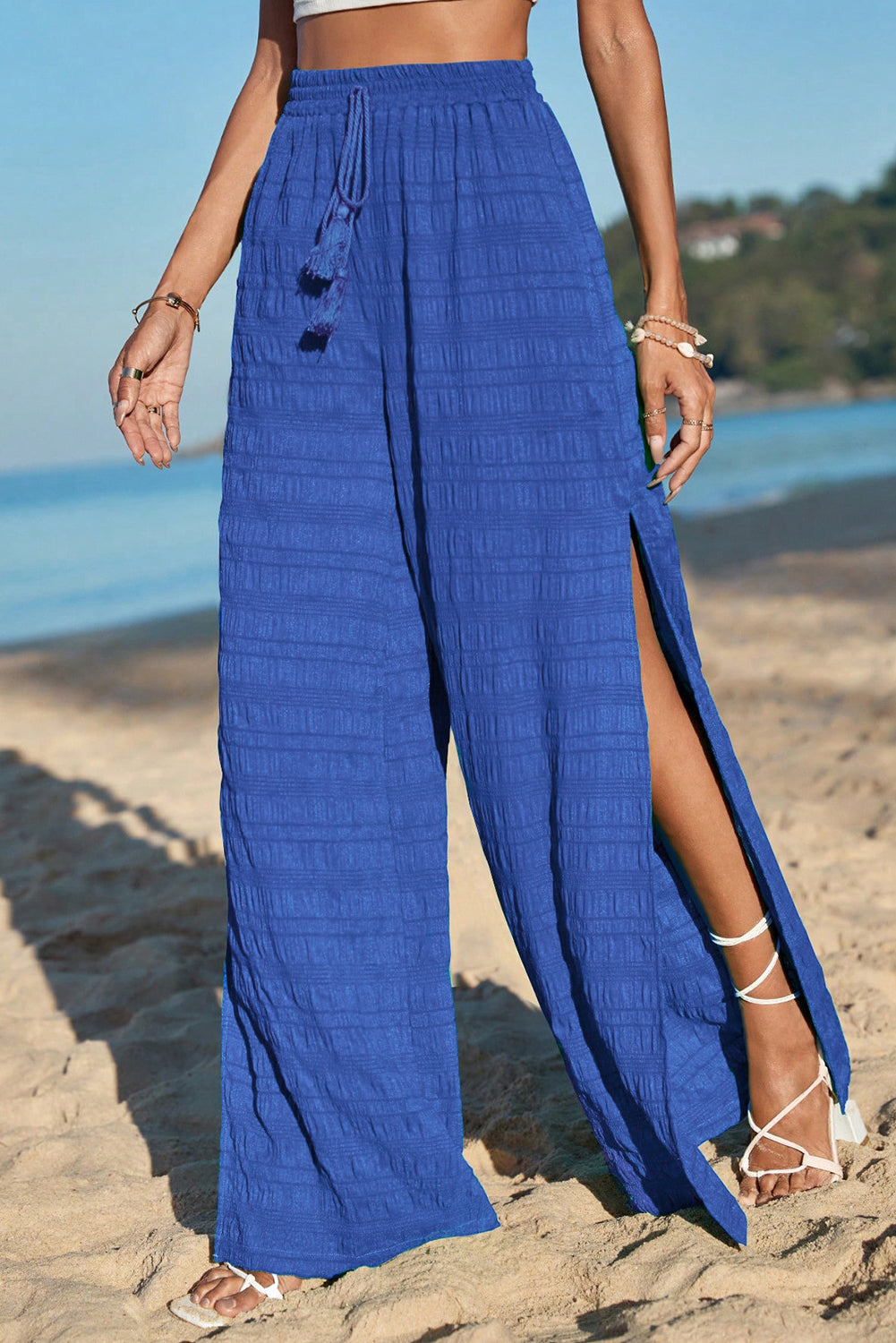 Dark Blue Textured Split Wide Leg Solid Pants