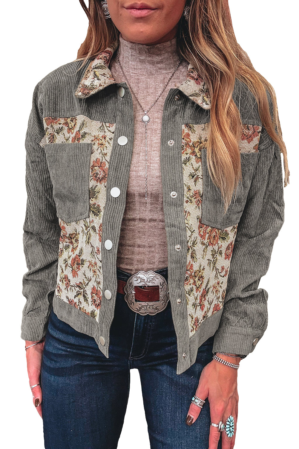 Sage Green Ribbed Retro Floral Patchwork Jacket
