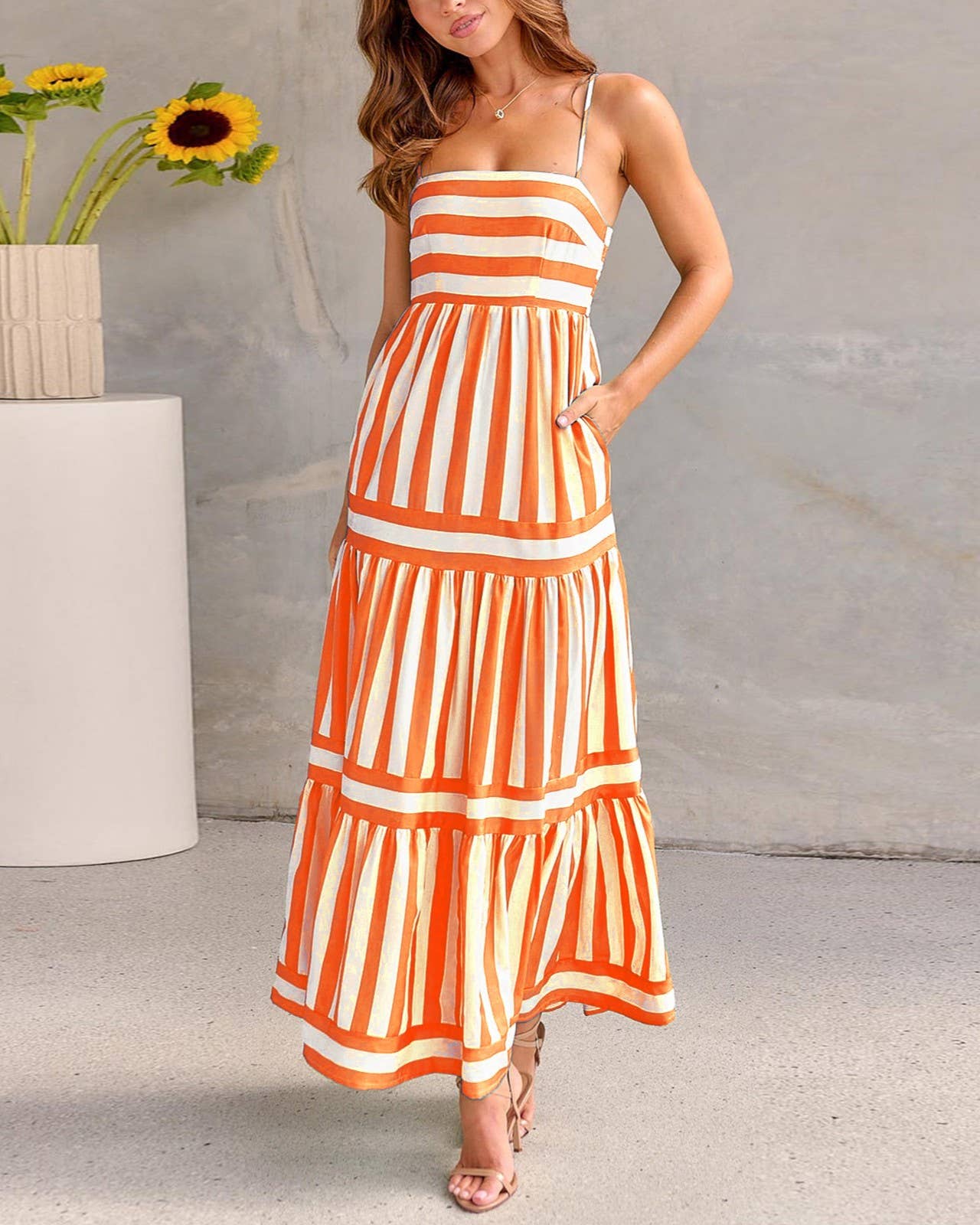 Horizontal And Vertical Stripe Print Slip Backless Dress