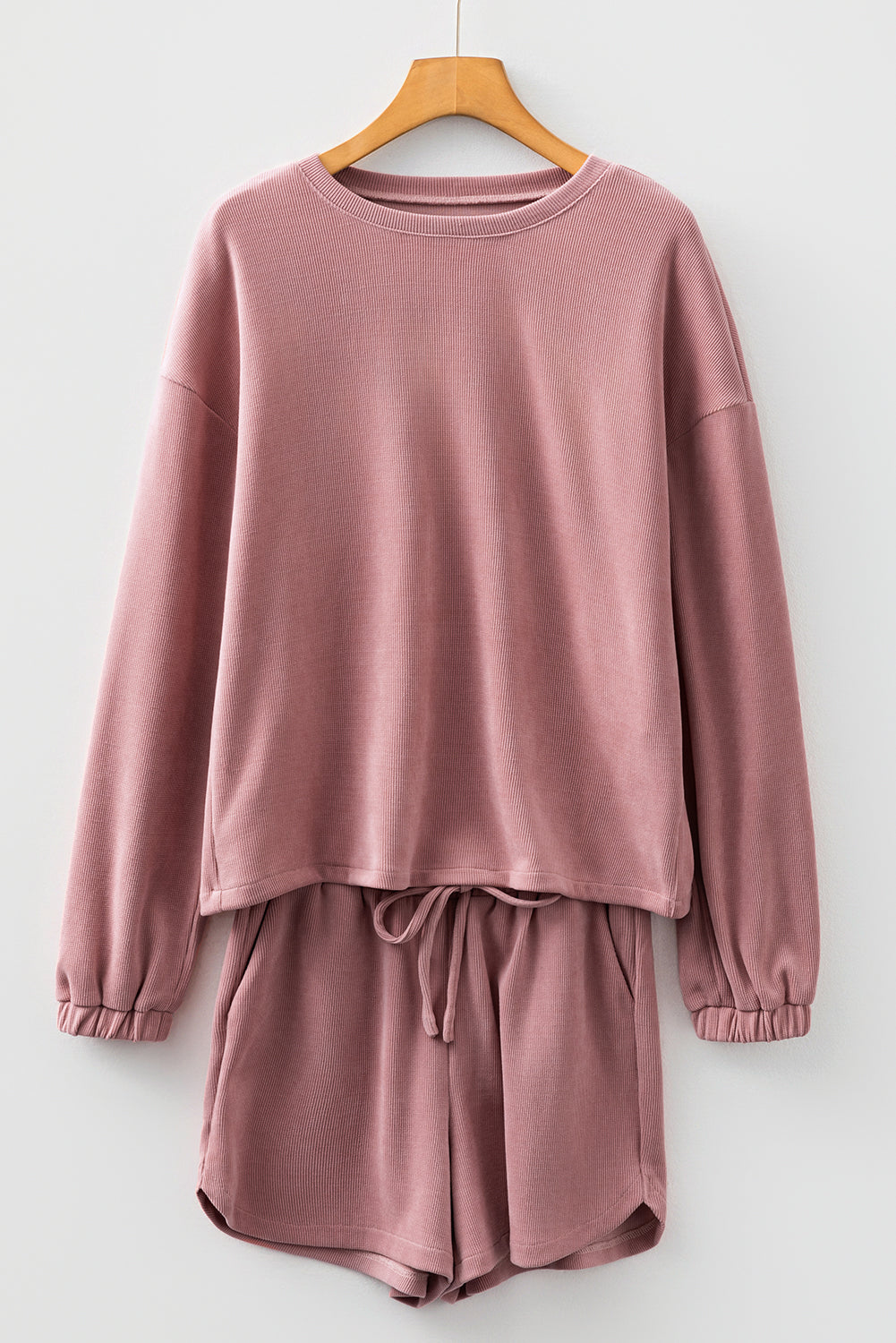 Jet Stream Textured Knit Drop Shoulder Pullover Drawstring Shorts Set