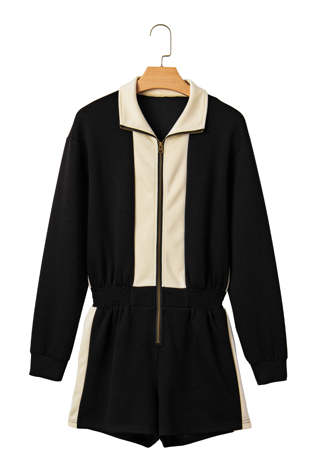 Black Two-Tone Zipper Long Sleeve Casual Romper