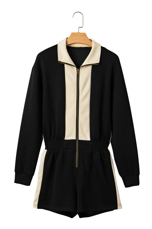 Black Two-Tone Zipper Long Sleeve Casual Romper