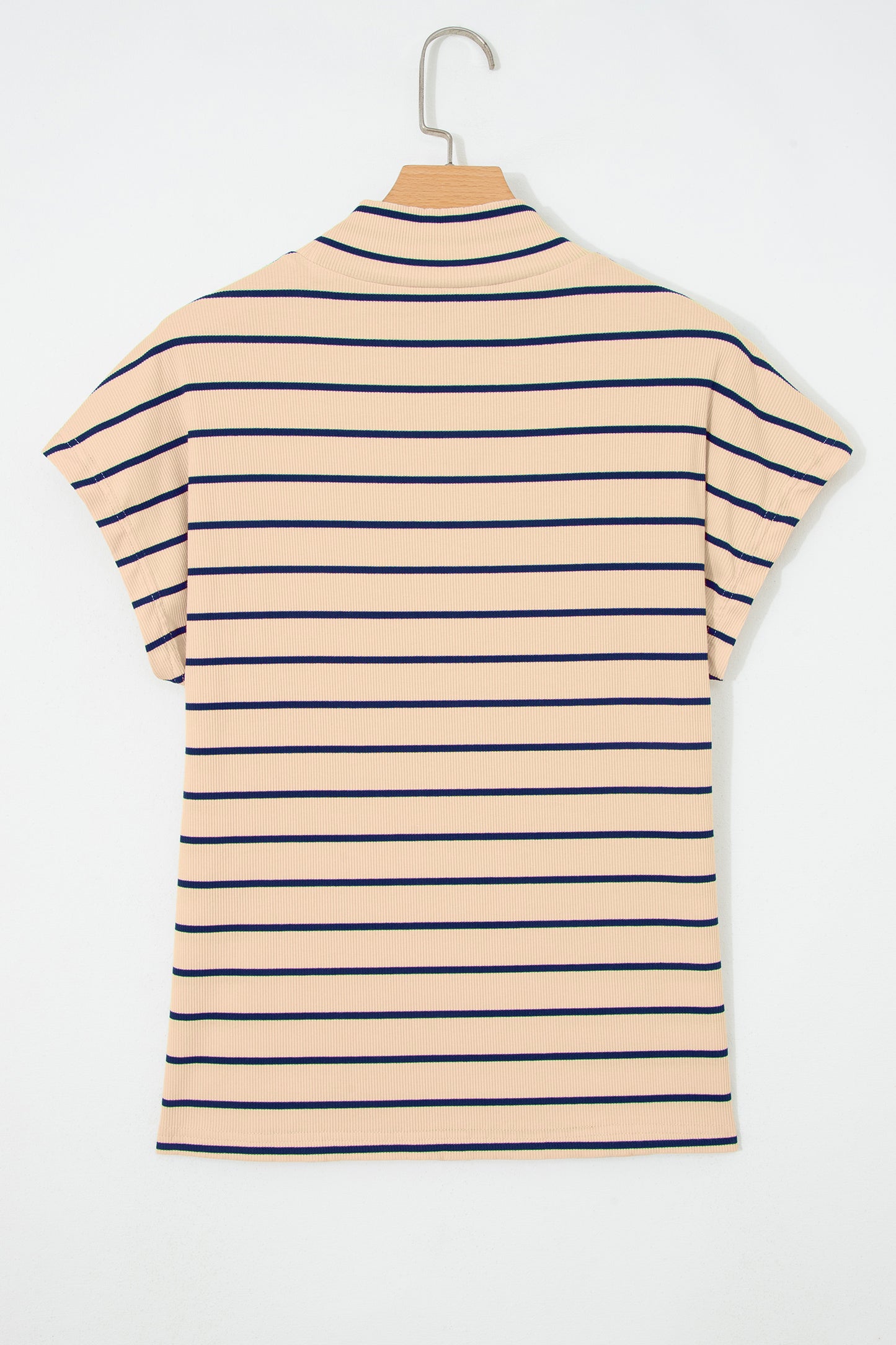 Khaki Stripe Mock Neck Short Sleeve Loose Top