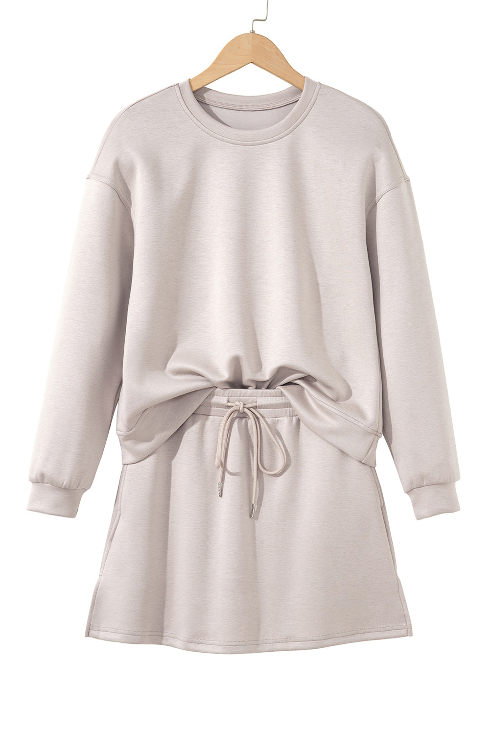 Jet Stream Solid Color Drop Shoulder Pullover Drawstring Mini Skirt Set