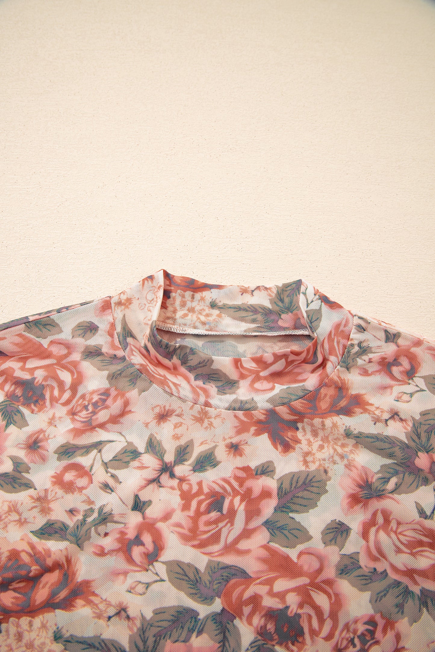 White Retro Floral Print Mock Neck Mesh Long Sleeve Top