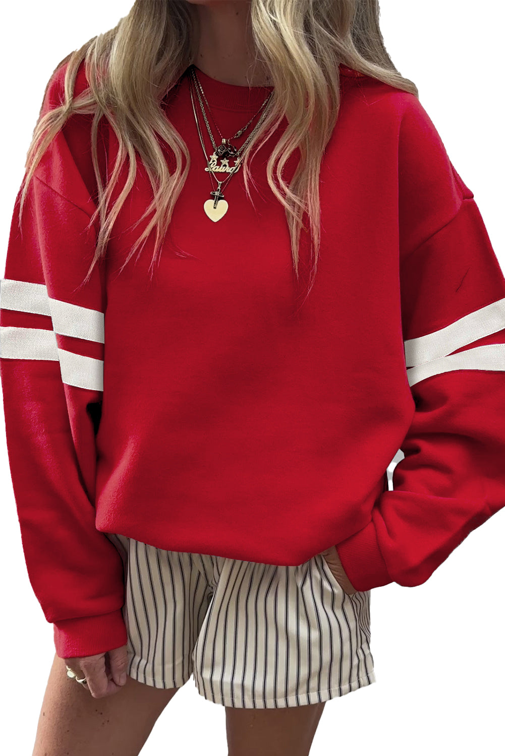 Evergreen Preppy Striped Sleeve Loose Sweatshirt